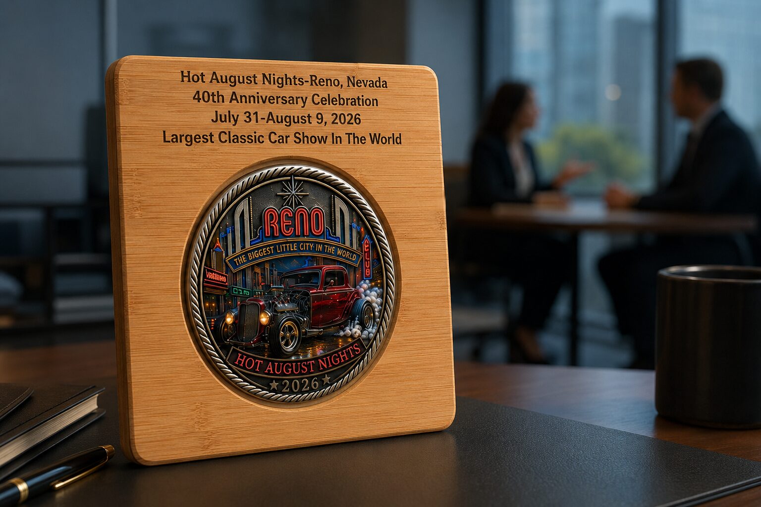 Peak Medallion Tile displayed on office desk — laser engraved Bamboo Tile with Medallion